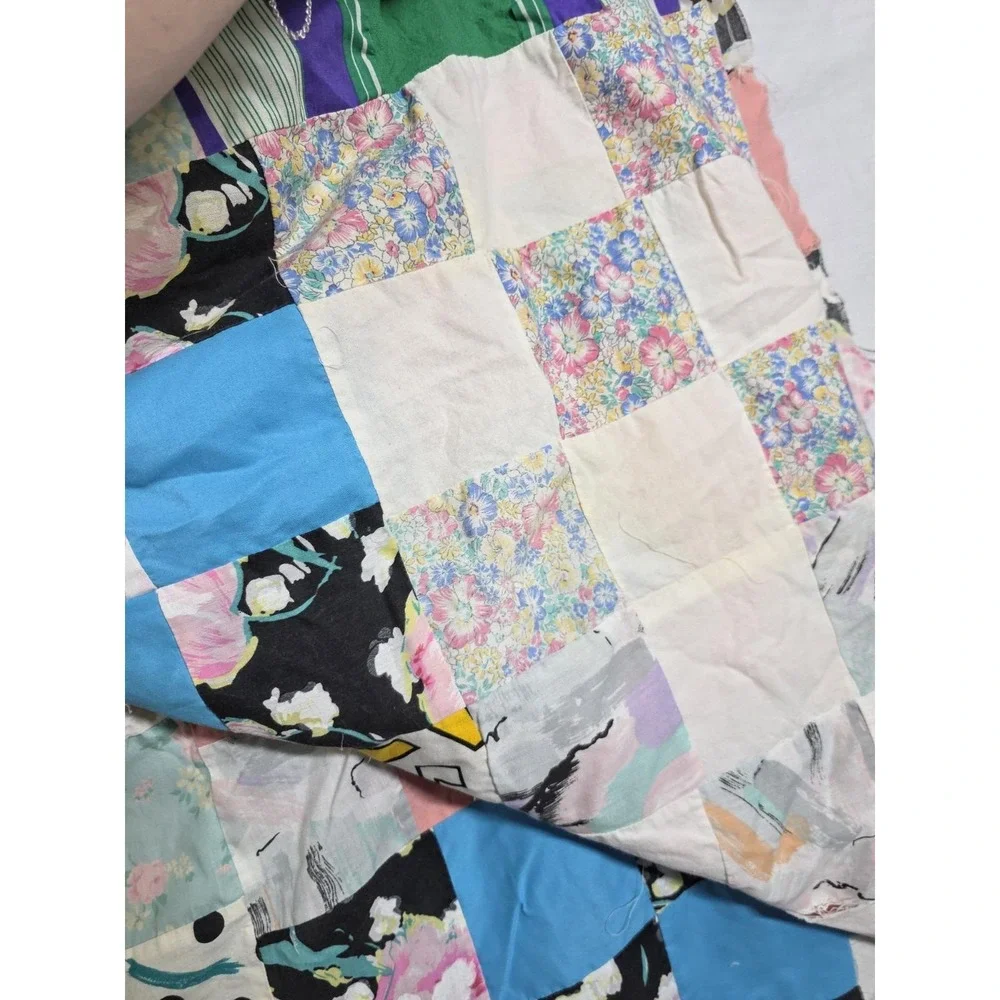 Vintage Patchwork Quilt Top 60x74 Colorful 80s Fabrics Floral Geometric